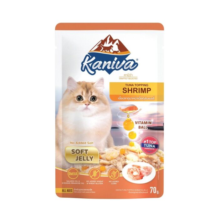 Kaniva Tuna Topping Shrimp in Jelly 70 g. - อาหารเปียกสำหรับลูกแมว4เดือนขึ้นไป สูตรเนื้อปลาทูน่าหน้าเนื้อกุ้งในเจลลี่ 70กรัม (409880)