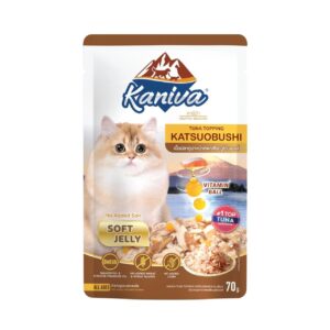 409906 Kaniva Tuna Topping Katsuobushi in Jelly 70 g. - อาหารเปียกสำหรับลูกแมว4เดือนขึ้นไป สูตรเนื้อปลาทูน่าหน้าคัตสึโอะบุชิในเจลลี่ 70กรัม (409906)