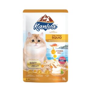 409910 Kaniva Tuna Topping Squid in Jelly 70 g. - อาหารเปียกสำหรับลูกแมว4เดือนขึ้นไป สูตรเนื้อปลาทูน่าหน้าปลาหมึกในเจลลี่ 70กรัม (409910)