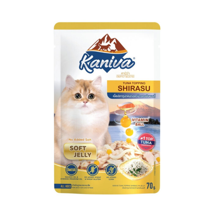 Kaniva Tuna Topping Shirasu in Jelly 70 g. - อาหารเปียกสำหรับลูกแมว4เดือนขึ้นไป สูตรเนื้อปลาทูน่าหน้าปลาข้าวสานในเจลลี่ 70กรัม (409890)