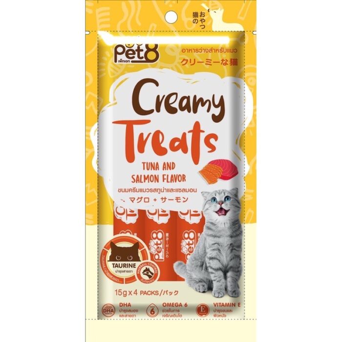 Pet8 Creamy Treats Taurine Tuna and Salmon Flavor- ขนมครีมแมวเลีย ช่วยบำรุงสายตา รสทูน่าและแซลมอน (15g/4ซอง) (432056)