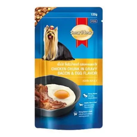 SmartHeart Pouch Chicken Chunk in Gravy Bacon & Egg Flavor - อาหารเปียกสุนัขแบบซอง เนื้อไก่ชิ้นในน้ำเกรวี่-รสเบคอนและไข่ 120g (434161)