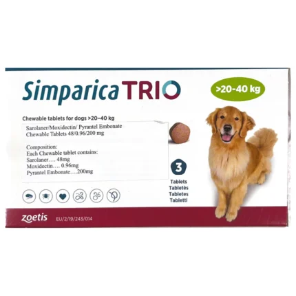 Simparica TRIO for Dogs, 20-40Kg (1tablet) - ยาป้องกันเห็บหมัดและพยาธิ สำหรับสุนัข 20-40Kg (แบ่งขาย1เม็ด) (436253)