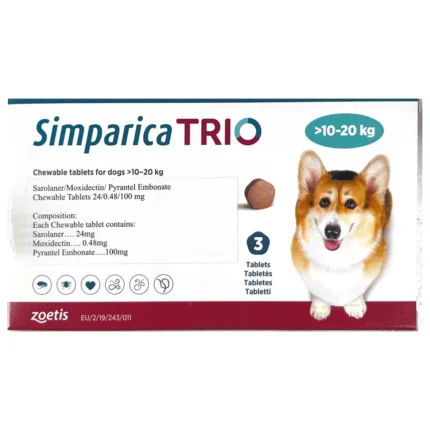 Simparica TRIO for Dogs, 10-20Kg - ยาป้องกันเห็บหมัดและพยาธิ สำหรับสุนัข 10-20Kg (แบ่งขาย1เม็ด)(436248)