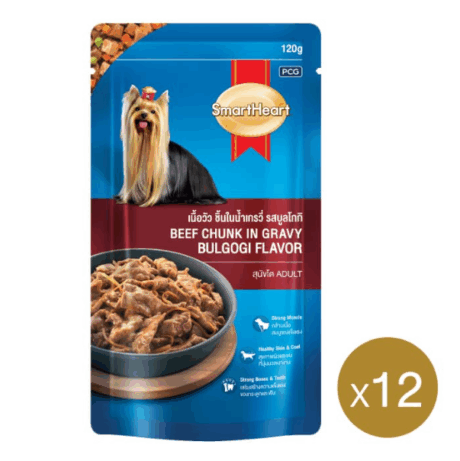 SmartHeart Pouch Beef Chunk in Gravy Bulgogi Flavor - อาหารเปียกสุนัขแบบซอง เนื้อวัวชิ้นในน้ำเกรวี่รสบูลโกกิ 120g (449945)