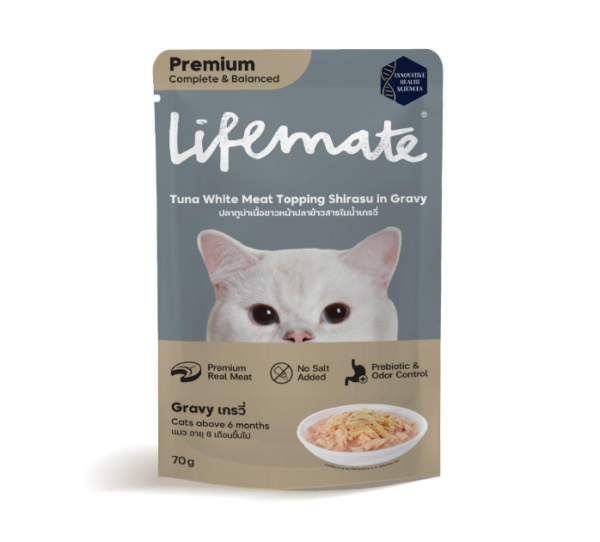 Lifemate Pouch Cat Food - อาหารเปียกแมว ปลาทูน่าเนื้อขาวหน้าปลาข้าวสารในน้ำเกรวี่ 70g