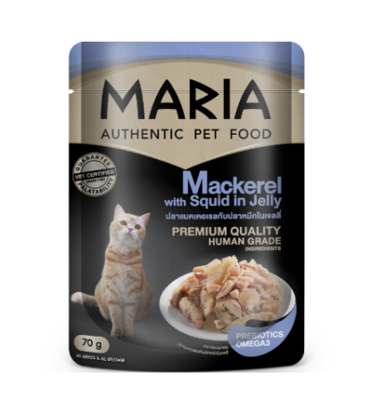 MARIA Authentic Cat Food Mackerel with Squid in Jelly - อาหารแมวเปียก รสปลาแมคเคอเรลกับปลาหมึกในเจลลี่ 70g (470065)