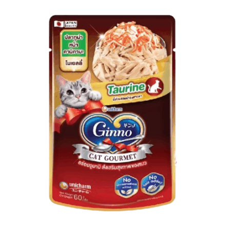 Ginno Cat Gourmet Taurine Pouch Wet Cat Food - อาหารแมวเปียก รสปลาทูน่าหน้าคานิคามะในเยลลี่ บำรุงสุขภาพตา 60g