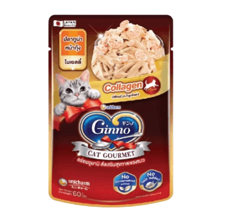Ginno Cat Gourmet Pouch Wet Cat Food - อาหารแมวเปียก รสปลาทูน่าหน้ากุ้งในเยลลี่ 60g