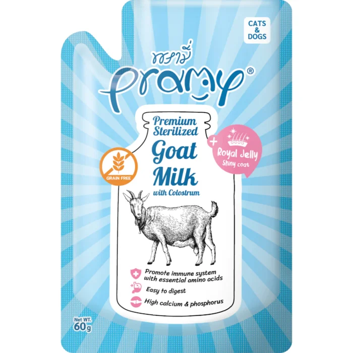SOOS Pramy Sterilized Goat Milk With Colostrum - นมแพะ สูตรเสริมน้ำนมเหลืองและนมผึ้ง 60g (479281)