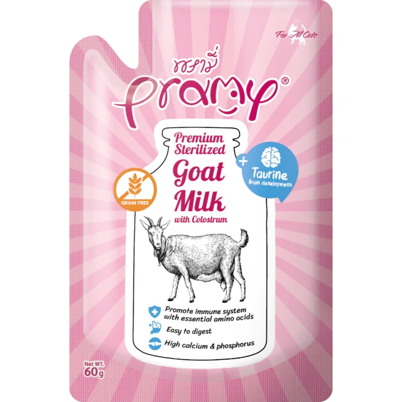 Pramy Sterilized Goat Milk With Colostrum - นมแพะ สูตรเสริมน้ำนมเหลืองและทอรีน 60g (479291)