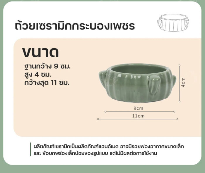 Bucatstate Cactus Bowl For Hamster - ถ้วยอาหารเซรามิกสำหรับหนูแฮมสเตอร์ ธีมกระบองเพชร (9x4x11cm) (481829)