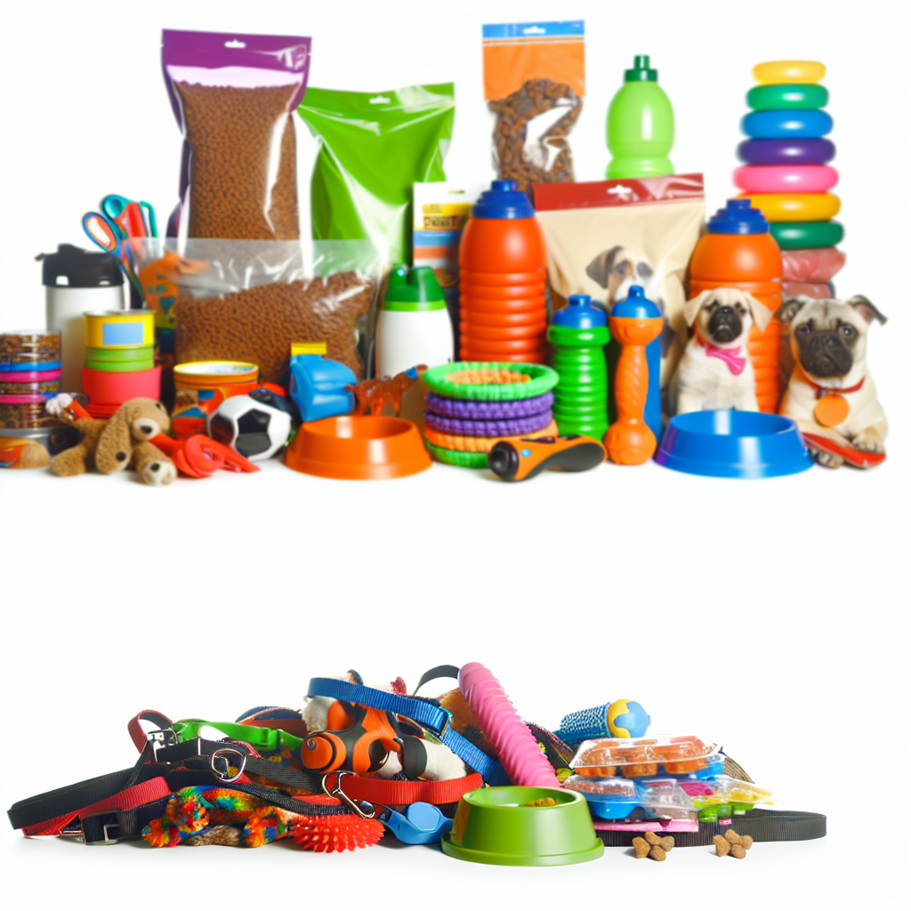 Image with white background showing a pile of random products that one would find in a pet supply store