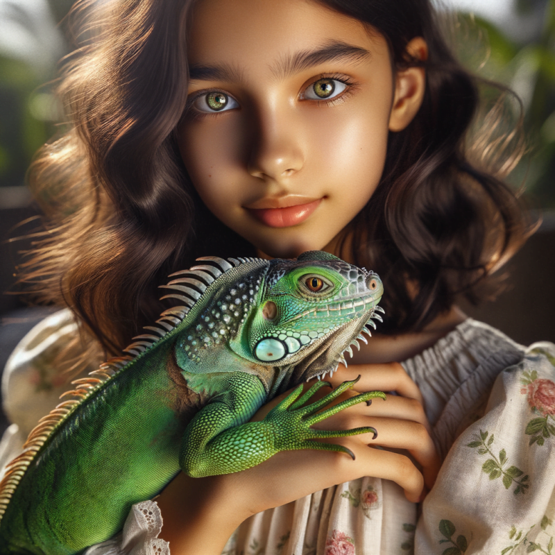 green Iguana with girl