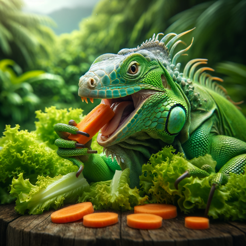 green iguana eating lettuce & carrot slice
