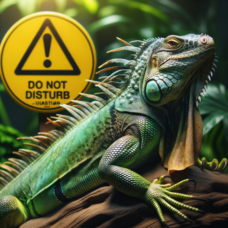 green iguana witn warning sign