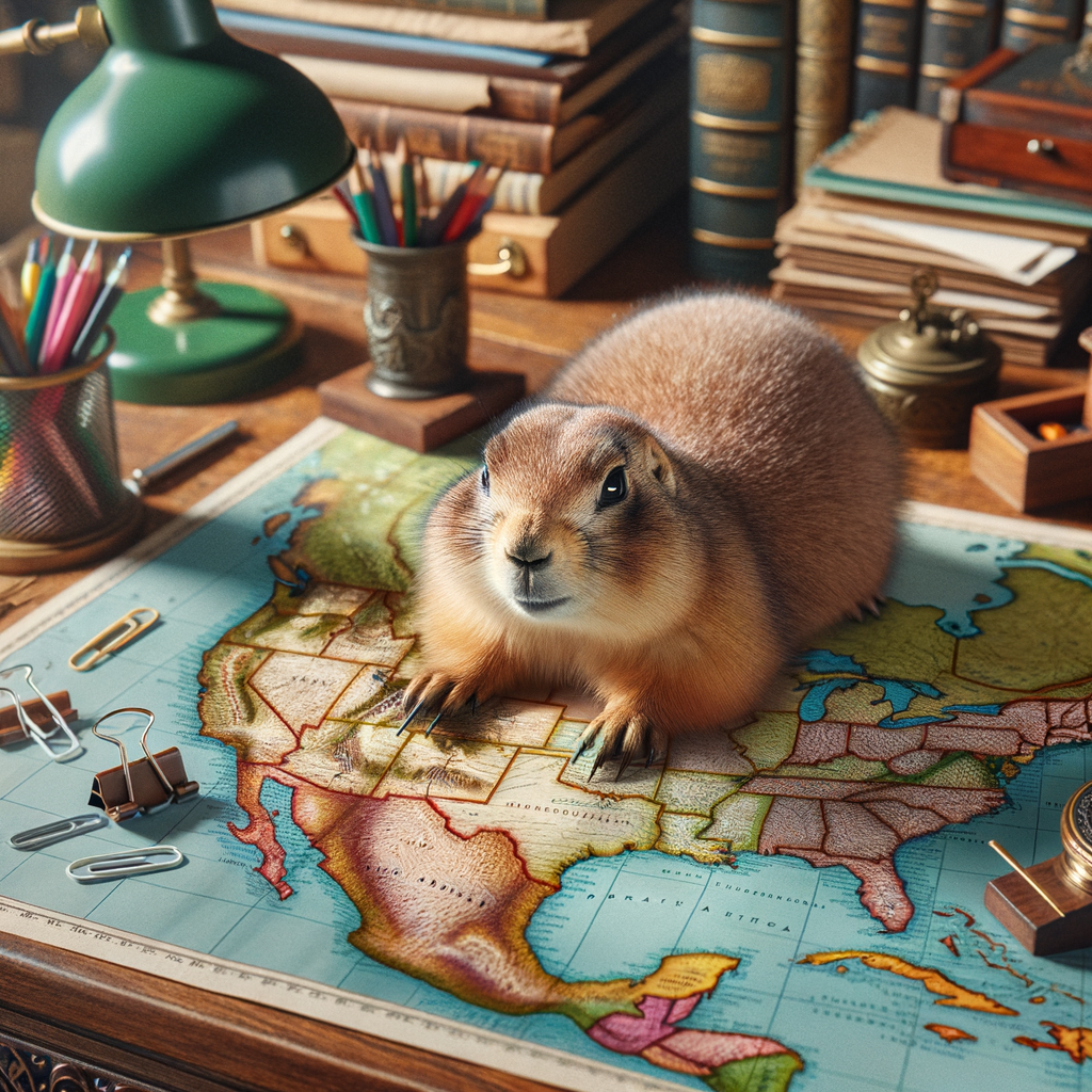 แพรี่ด็อก A prairie dog is crawling and playing on a map of North America on the work desk.
