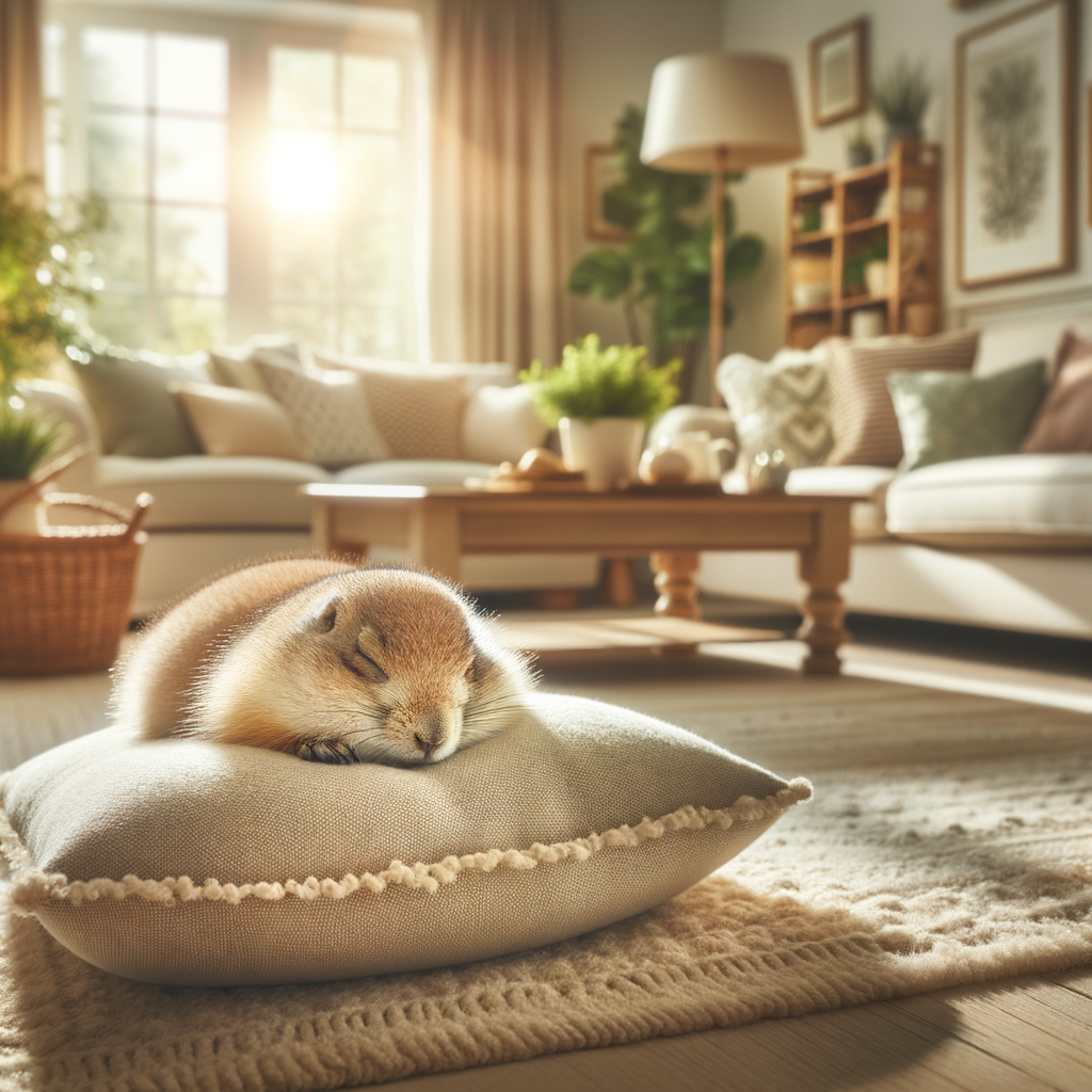 A prairie dog sleeps on a cushion in the living room.