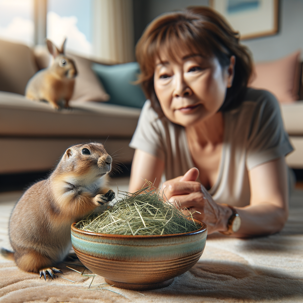 Prairie dog eating timothy hay in ceramic bowl with the owner sitting and watching