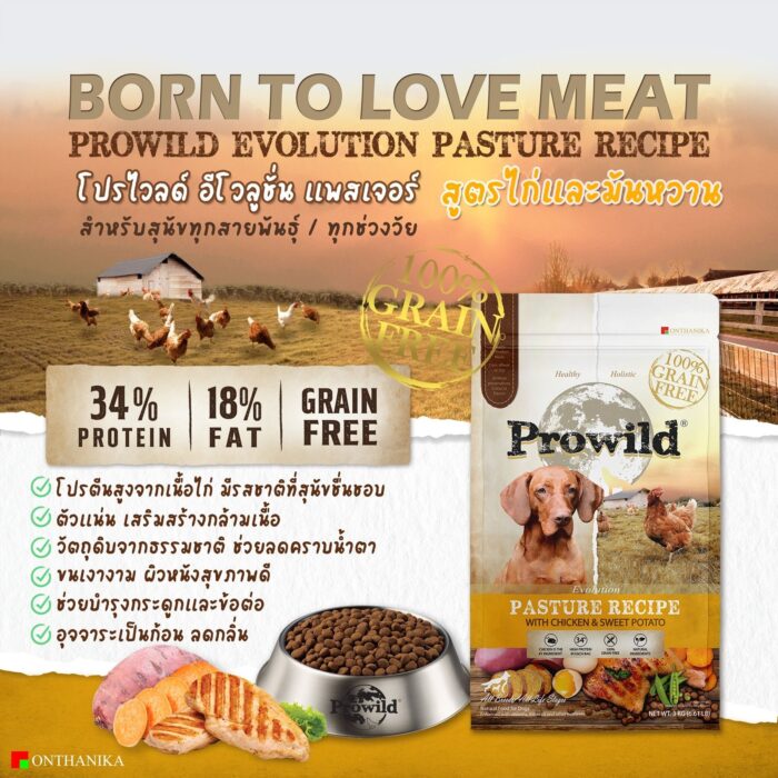 Prowild Evolution Pasture Chicken & Sweet Potato - อาหารสุนัขโปรไวลด์ อีโวลูชั่น แพสเจอร์ สูตรเนื้อไก่และมันหวาน 3kg (508188)
