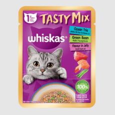 Whiskas Pouch Tasty Mix Ocean Trio Green Beans in Jelly - อาหารแมวเปียกรสโอเชียน ทริโอ กรีนบีนในเจลลี่ 70g