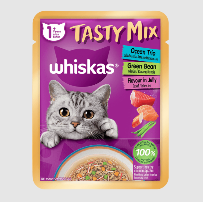 Whiskas Pouch Tasty Mix Ocean Trio Green Beans in Jelly - อาหารแมวเปียกรสโอเชียน ทริโอ กรีนบีนในเจลลี่ 70g Whiskas Pouch Tasty Mix Ocean Trio Green Beans in Jelly - อาหารแมวเปียกรสโอเชียน ทริโอ กรีนบีนในเจลลี่ 70g