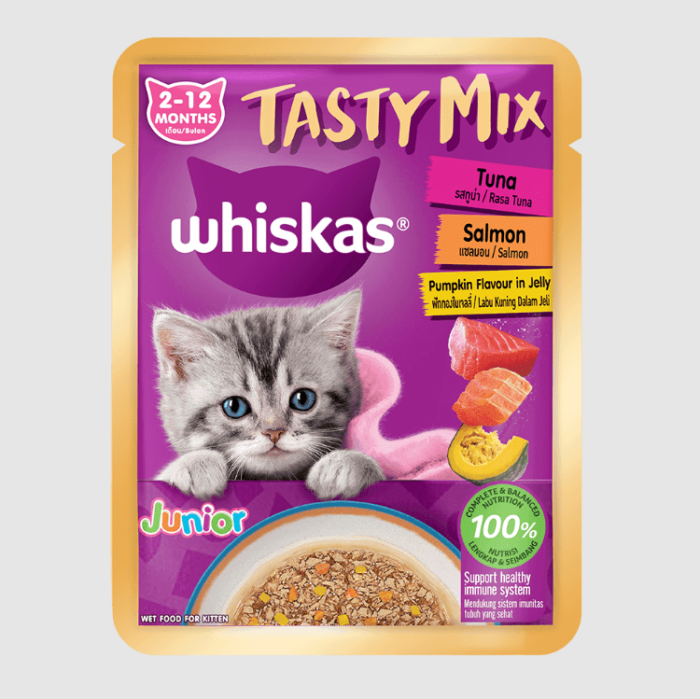 Whiskas Pouch Tasty Mix Junior Tuna, Salmon and Pumpkin in Jelly - อาหารแมวเปียกรสทูน่า แซลมอน และฟักทองในเจลลี่ 70g Whiskas Pouch Tasty Mix Junior Tuna, Salmon and Pumpkin in Jelly - อาหารแมวเปียกรสทูน่า แซลมอน และฟักทองในเจลลี่ 70g