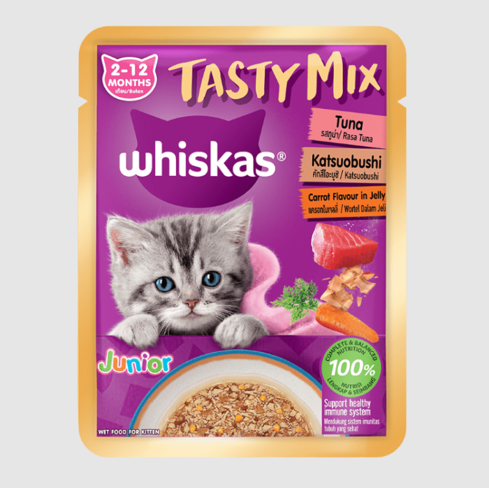 Whiskas Pouch Tasty Mix Junior Tuna, Katsuobushi and Carrots in Jelly - อาหารแมวเปียกรสทูน่า คัทสึโอะบูชิ และแครอทในเจลลี่ 70g Whiskas Pouch Tasty Mix Junior Tuna, Katsuobushi and Carrots in Jelly - อาหารแมวเปียกรสทูน่า คัทสึโอะบูชิ และแครอทในเจลลี่ 70g
