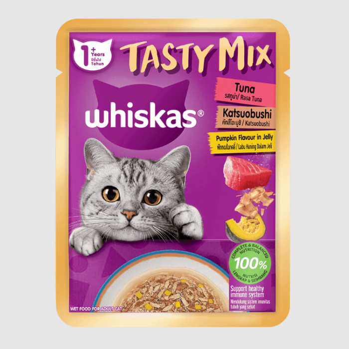 Whiskas Pouch Tasty Mix Tuna, Katsuobushi, Pumpkin in Jelly - อาหารแมวเปียกรสทูน่า คัทสึโอะบูชิ ฟักทองในเจลลี่ 70g Whiskas Pouch Tasty Mix Tuna, Katsuobushi, Pumpkin in Jelly - อาหารแมวเปียกรสทูน่า คัทสึโอะบูชิ ฟักทองในเจลลี่ 70g