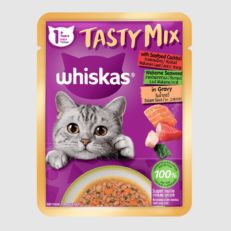 Whiskas Pouch Tasty Mix Seafood Cocktail and Wakame in Gravy - อาหารแมวเปียกรสทะเลรวมมิตรและสาหร่ายวากาเมะในเกรวี่ 70g