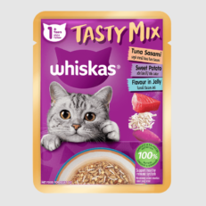 Whiskas Pouch Tasty Mix Tuna Sasamo Sweet Potato and Jelly - อาหารแมวเปียกรสทูน่าซาซามิและมันม่วงในเจลลี่ 70g