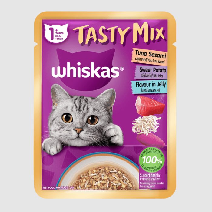 Whiskas Pouch Tasty Mix Tuna Sasamo Sweet Potato and Jelly - อาหารแมวเปียกรสทูน่าซาซามิและมันม่วงในเจลลี่ 70g Whiskas Pouch Tasty Mix Tuna Sasamo Sweet Potato and Jelly - อาหารแมวเปียกรสทูน่าซาซามิและมันม่วงในเจลลี่ 70g
