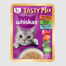 Whiskas Pouch Tasty Mix Tuna Salmon and Spinach in Jelly - อาหารแมวเปียกรสทูน่า แซลมอนและผักโขมในเจลลี่ 70g