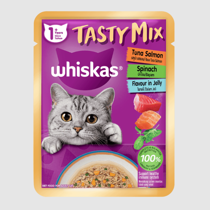 Whiskas Pouch Tasty Mix Tuna Salmon and Spinach in Jelly - อาหารแมวเปียกรสทูน่า แซลมอนและผักโขมในเจลลี่ 70g Whiskas Pouch Tasty Mix Tuna Salmon and Spinach in Jelly - อาหารแมวเปียกรสทูน่า แซลมอนและผักโขมในเจลลี่ 70g