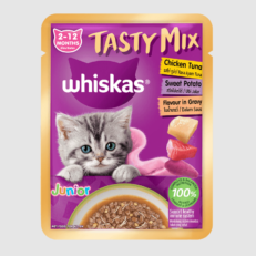 Whiskas Pouch Tasty Mix Junior Chicken, Tuna, Sweet Potato in Gravy - อาหารแมวเปียกรสรสไก่ ทูน่า สวีทโปเตโต้ในน้ำเกรวี่ 70g