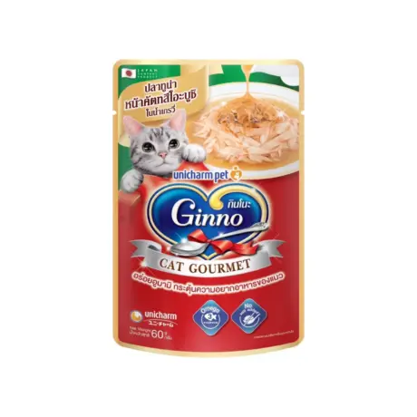 Ginno Cat Gourmet Pouch Wet Cat Food - อาหารแมวเปียก รสปลาทูน่าหน้าคัตทสึโอะบูชิในเกรวี่ 60g