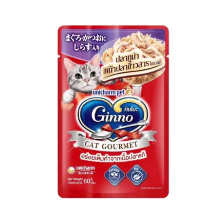 Ginno Cat Gourmet Pouch Wet Cat Food - อาหารแมวเปียก รสปลาทูน่าหน้าปลาข้าวสารในเยลลี่ 60g