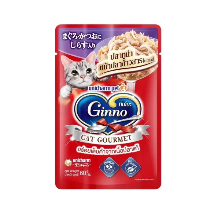 อาหารแมวเปียก 512645 Ginno Cat Gourmet Pouch Wet Cat Food - อาหารแมวเปียก รสปลาทูน่าหน้าปลาข้าวสารในเยลลี่ 60g