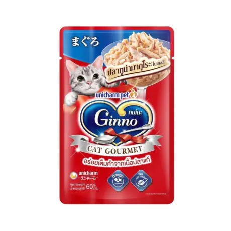 Ginno Cat Gourmet Pouch Wet Cat Food - อาหารแมวเปียก รสปลาทูน่าหน้ามากุโระในเยลลี่ 60g