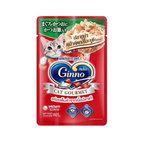 Ginno Cat Gourmet Pouch Wet Cat Food - อาหารแมวเปียก รสปลาทูน่าหน้าคัตทสึโอะบูชิในเยลลี่ 60g