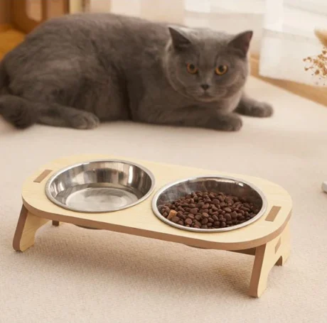 Wooden Elevated Food Bowl - ชามอาหารสำหรับสัตว์เลี้ยงแบบฐานไม้ยกสูง ชามคู่ (12.5x17.5x73.cm) (517398)