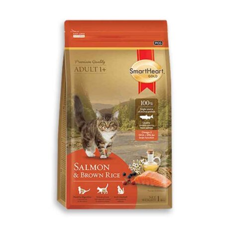 Smartheart Gold Salmon & Brown Rice 1kg - อาหารเม็ดสูตรแซลมอนและข้าวกล้อง เหมาะสำหรับแมวโตอายุ 1 ปีขึ้นไป ขนาด 1 กิโลกรัม (527157)