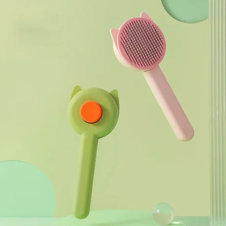 Pet Brush - หวีแปรงขนสัตว์เลี้ยงแบบมีปุ่มกด รูปหน้าแมว (8.5×20cm) (529457)