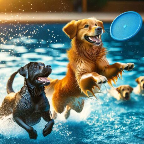 Golden Retriever Dog, Labrador Dog Playing in the Pool