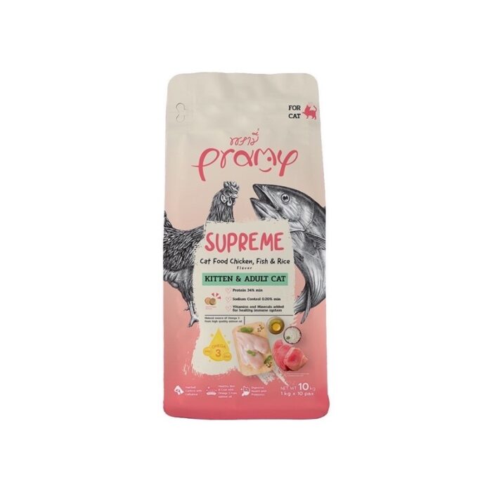 dc56324e4179223804ec2db416737094 Pramy Supreme Kitten & Adult Cat Chicken Fish & Rice Flavor - อาหารเม็ดสำหรับลูกแมวและแมวโต สูตรไก่ปลาและข้าว 1kg (525611)