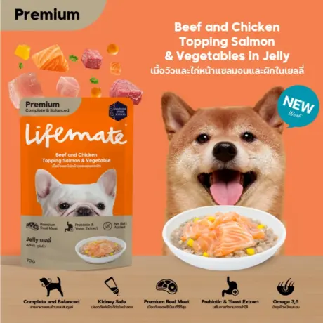 Lifemate Pouch Dog Food - อาหารเปียกสุนัข เนื้อวัว ไก่ ปลาแซลมอนและผัก เยลลี่ 70g
