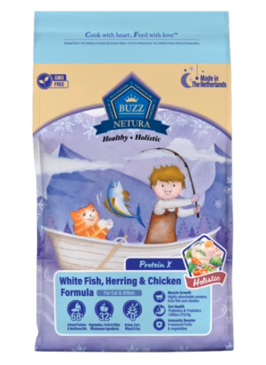 566772 BUZZ Netura Holistic Protein X - บัซซ์ เนทูร่า โฮลิสติกเกรน ฟรี โปรตีน เอ็กซ์ สูตรปลาเนื้อขาว ปลาแฮร์ริ่ง และ ไก่ 1kg (566772)