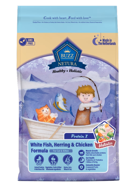 566772 BUZZ Netura Holistic Protein X - บัซซ์ เนทูร่า โฮลิสติกเกรน ฟรี โปรตีน เอ็กซ์ สูตรปลาเนื้อขาว ปลาแฮร์ริ่ง และ ไก่ 1kg (566772)
