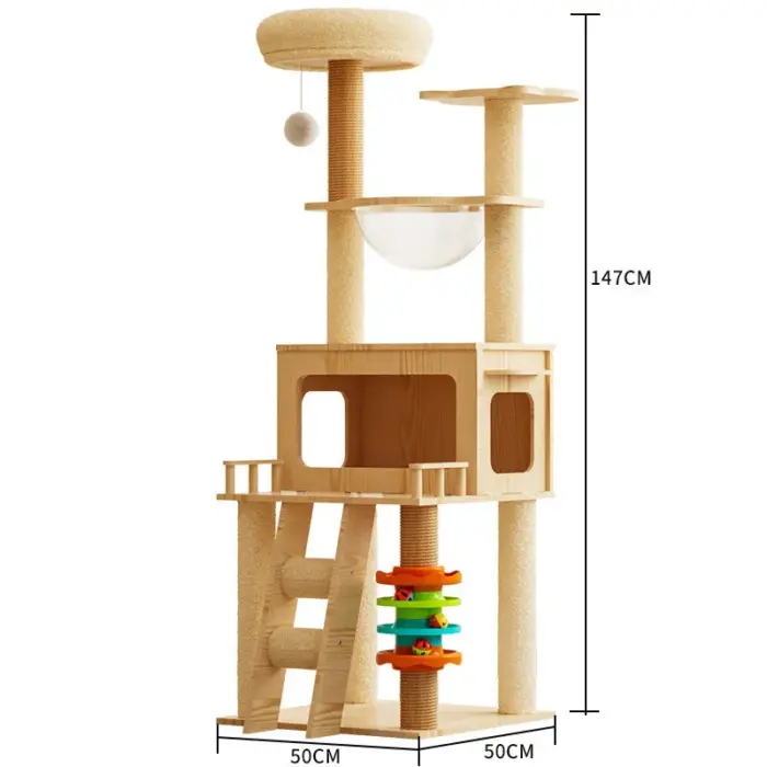cat_condo_m Cat Tree Condo House 4 IN 1 - คอนโดแมวแบบไม้สไตล์มินิมอล พร้อมรางของเล่น (b35+/50x50x147cm) (574383)