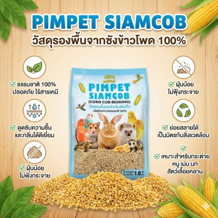 PimPet Siamcob Corn Cob Bedding - ซังข้าวโพดรองพื้นกรงสำหรับสัตว์เล็ก 1.8kg
